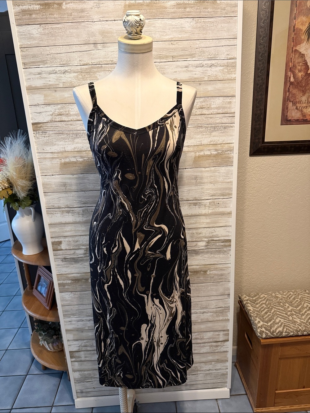 Black Marble-Print Slip Dress small